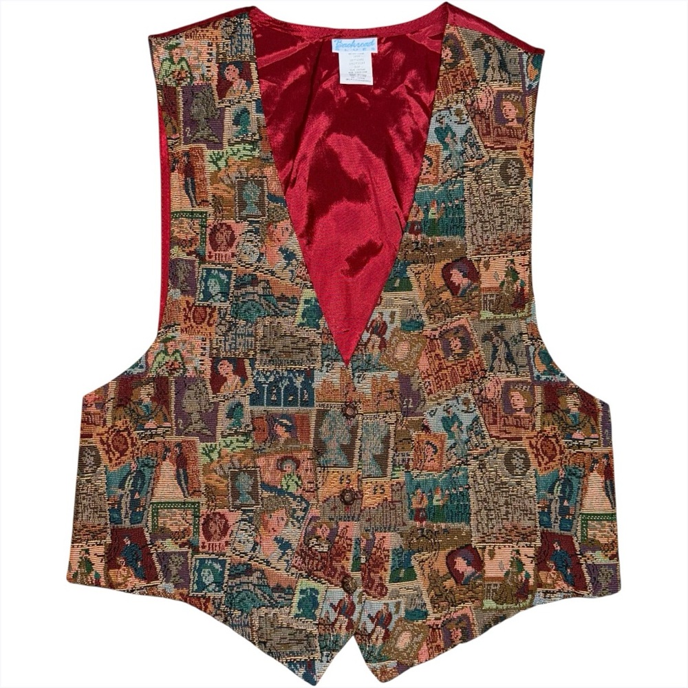Vintage 90s Backroad Blues Tapestry Vest Postcard Stamp Travel Print Size L USA